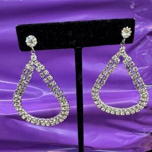 Vintage Silver-Tone Teardrop Crystal Dangle Earrings